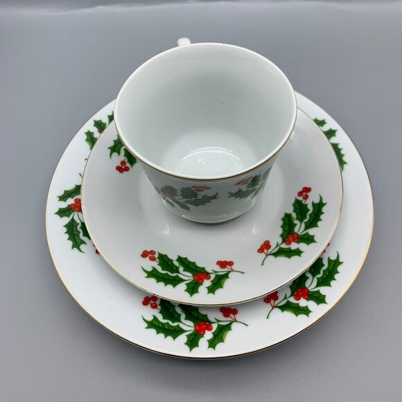 Set of White with Green Holly and Red Berries Cup & Saucer and 2 Dessert Plates - Picture 9 of 9